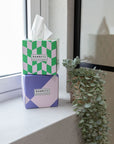 two Tissue boxes in the bathroom windows with a show plan next to it.