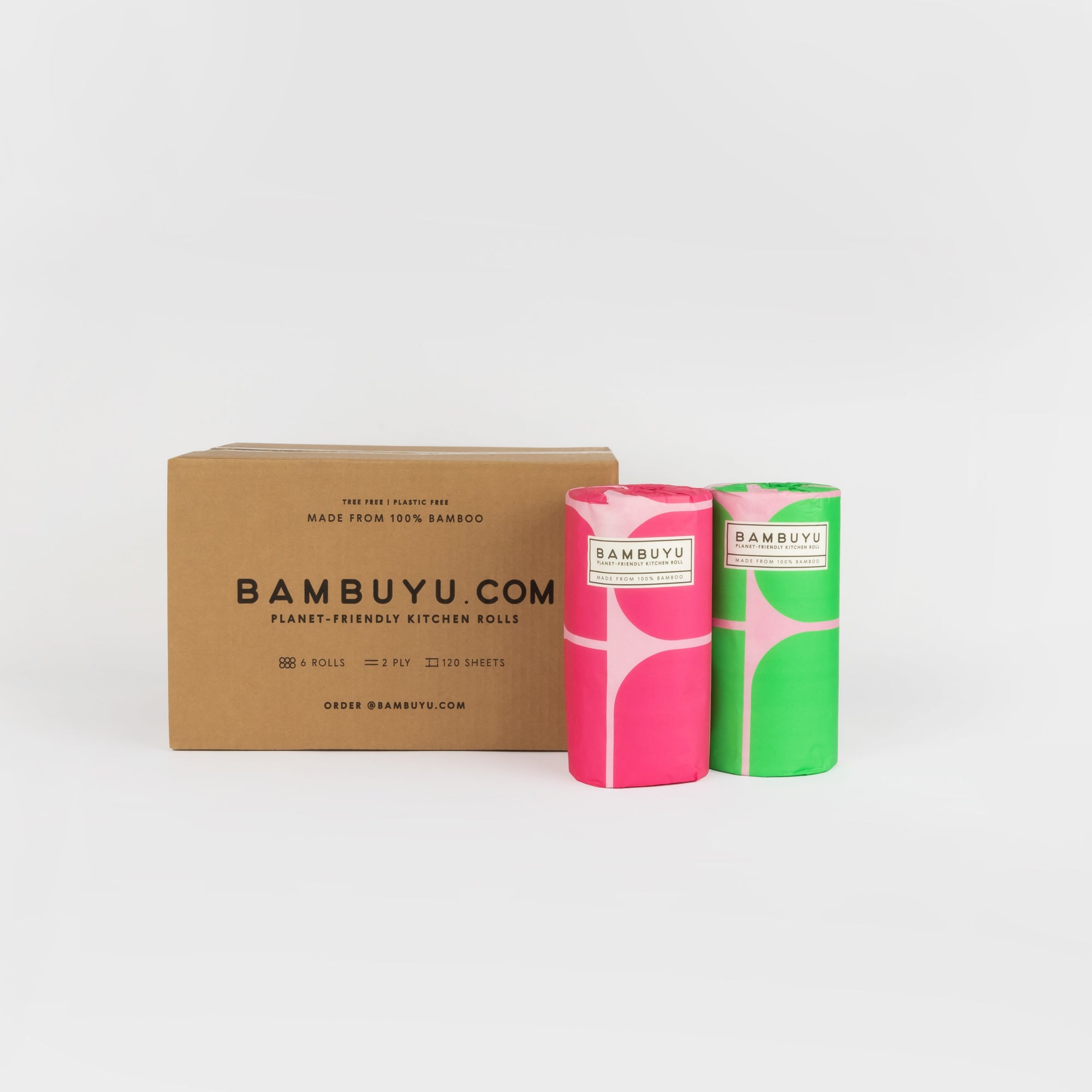 Bambuyu online order package box with two tissue rolls.
